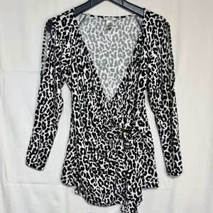 Cache Leopard Print Wrap Top with Gold Hardware Y2K Cold Shoulder Tunic Size L